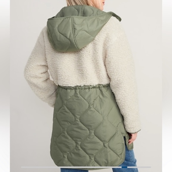 Hooded Sherpa Quilted Hybrid Coat Old Navy green ivory medium Tall MT - Picture 2 of 10